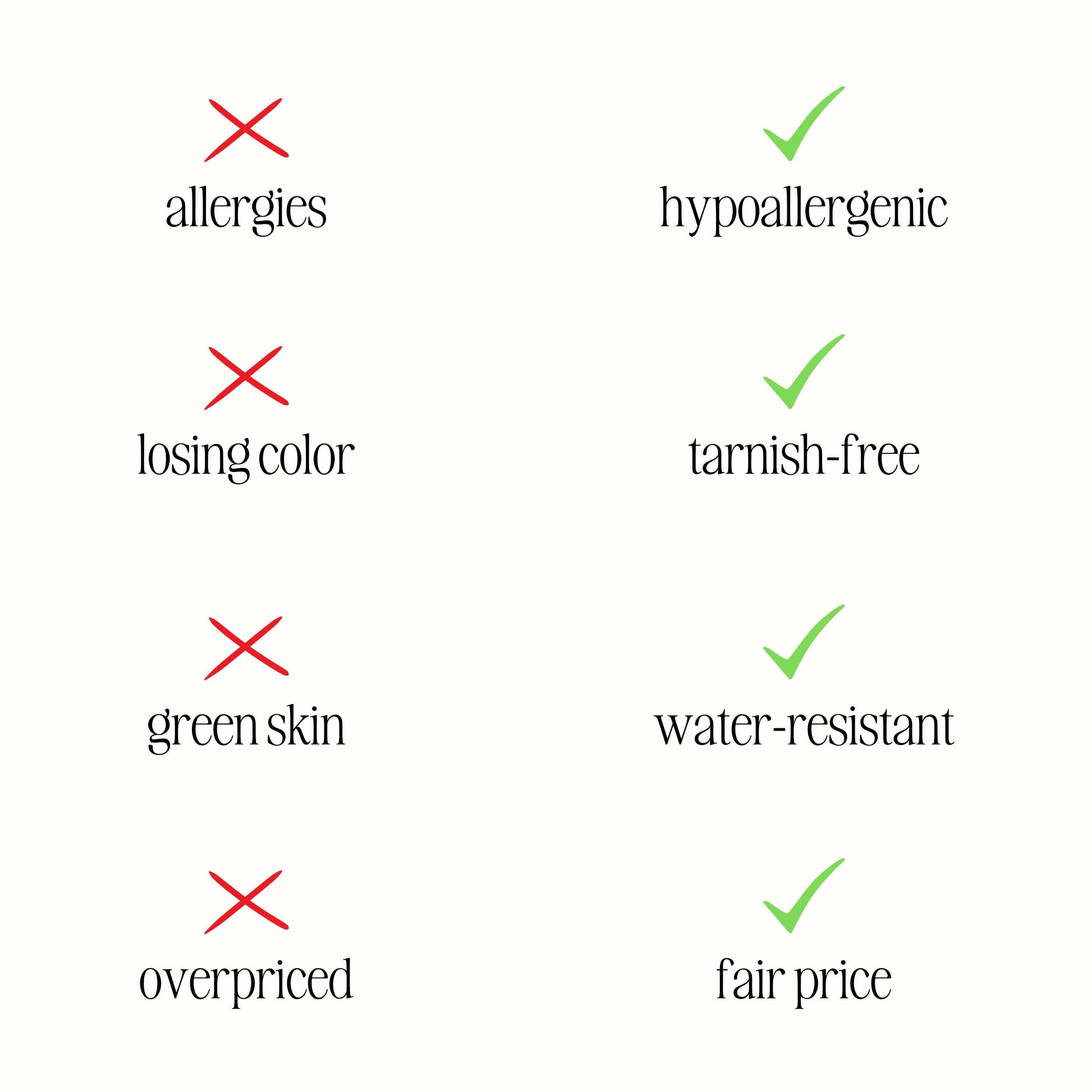 Hypoallergener, wasserfester Schmuck, anlaufsicher, fairer Preis, keine Allergien, kein Farbverlust.