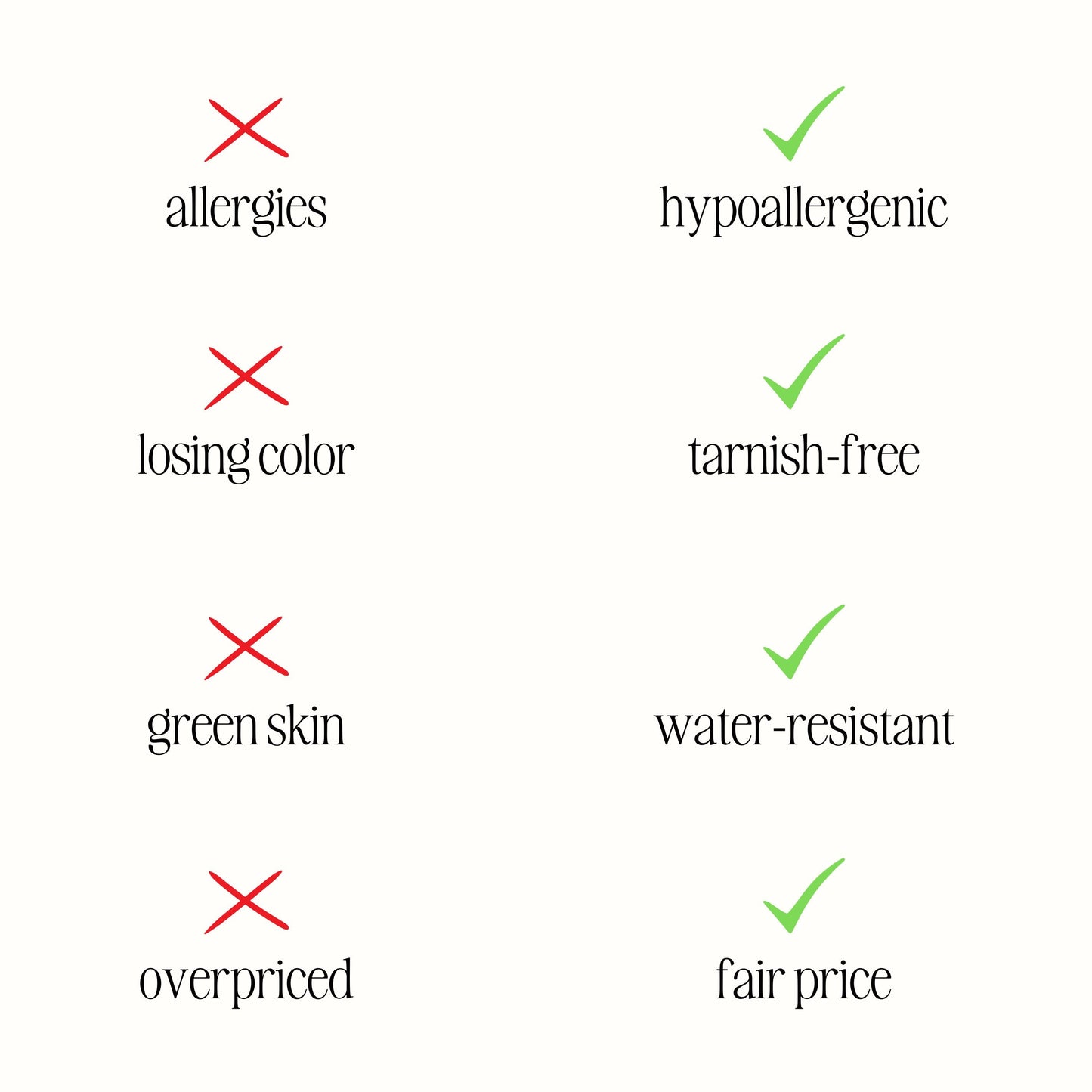 Hypoallergenischer, anlaufbeständiger, wasserfester Schmuck, fairer Preis, keine Allergien.