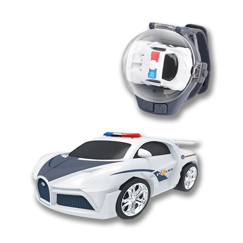 Weißes Spielzeugauto mit Polizei-Design, ferngesteuert, Kunststoff, für Kinder.