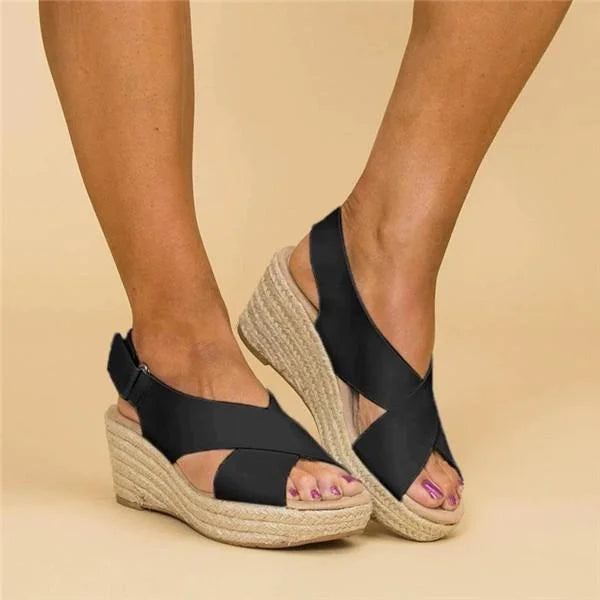 Schwarze Damen-Wedges mit Keilabsatz, Sandalen, Sommermode, bequem, elegant, Freizeit.