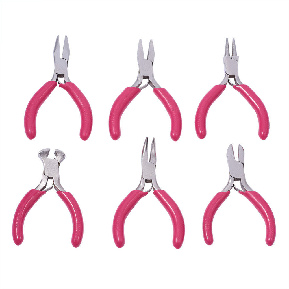 Sechsteiliges Zangen-Set mit pinken Griffen, ideal für Schmuckherstellung und Handwerk.