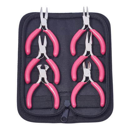 Sechsteiliges Schmuckzangen-Set mit roten Griffen in schwarzer Tasche, ideal für Schmuckherstellung.