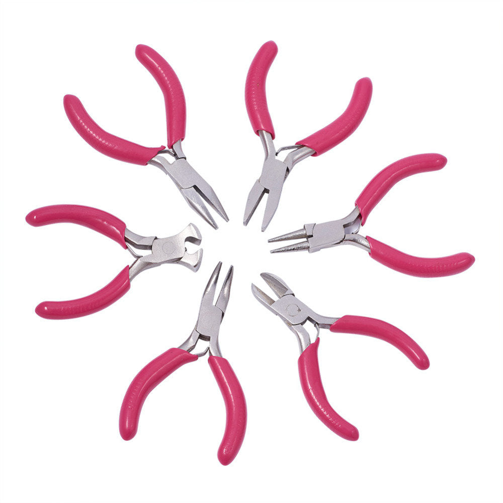 Sechsteiliges Schmuckzangen-Set mit pinken Griffen, ideal für Schmuckherstellung und Handwerk.