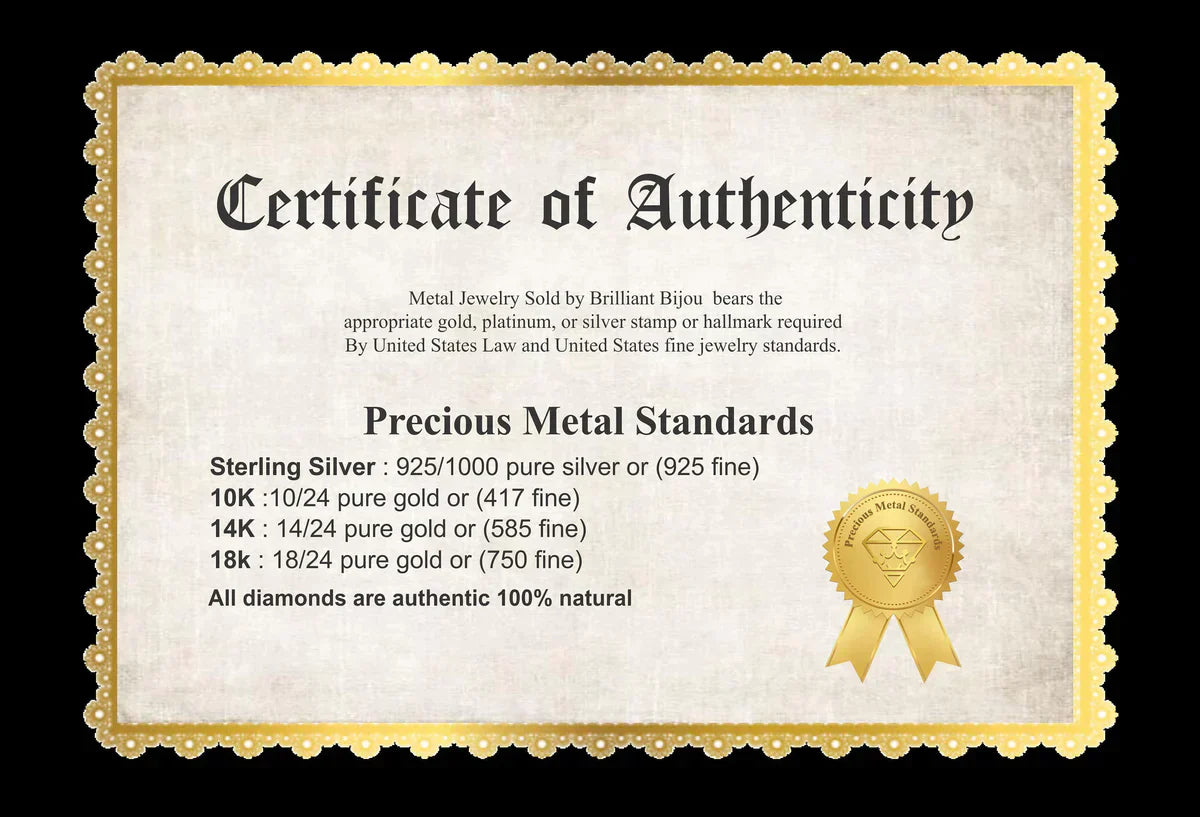Zertifikat der Echtheit für Schmuck, Gold- und Silberstandards, mit goldenem Siegel.