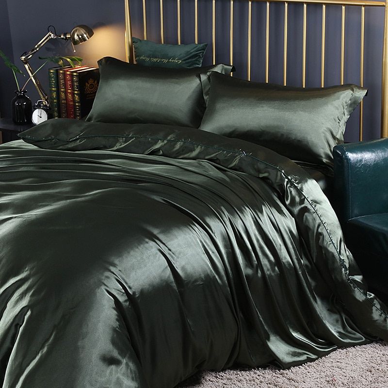Dunkelgrünes Seidensatin-Bettwäsche-Set, luxuriös, elegant, Schlafzimmer-Dekor, King-Size.
