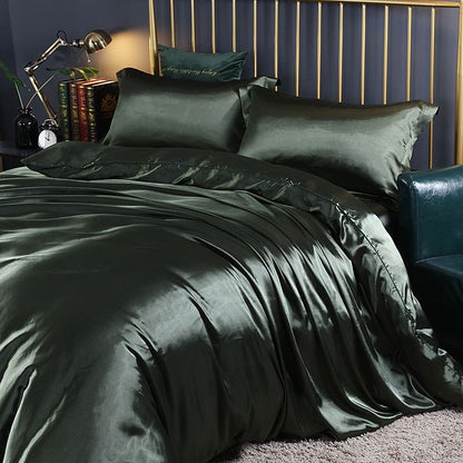 Dunkelgrünes Seidensatin-Bettwäsche-Set, luxuriös, elegant, Schlafzimmer-Dekor, King-Size.