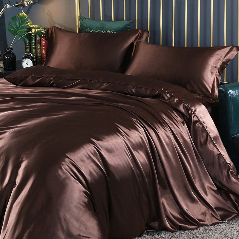 Braune Seidenbettwäsche-Set, luxuriös, glänzend, für Doppelbett, Schlafzimmer-Dekor.
