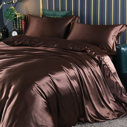 Braune Seidenbettwäsche-Set, luxuriös, glänzend, für Doppelbett, Schlafzimmer-Dekor.