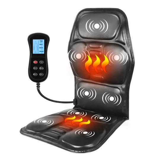 Schwarze Massageauflage mit Heizfunktion und Fernbedienung, ideal für Rückenentspannung.