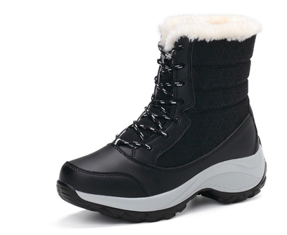 Schwarzer Winterstiefel mit weißem Kunstfell, rutschfeste Sohle, Damenmode, warm, wasserdicht.