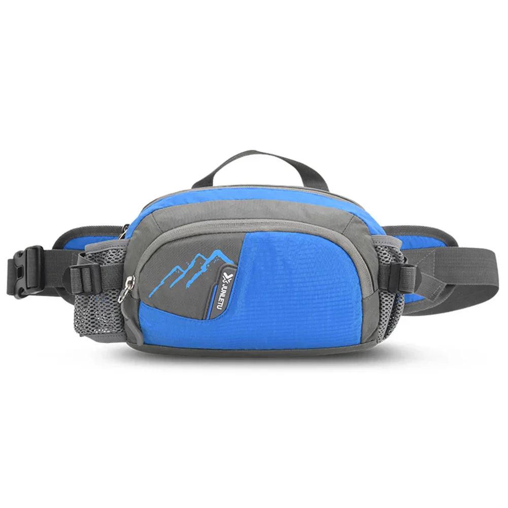 Blaue und graue Gürteltasche, wasserdicht, mit Reißverschluss, ideal für Outdoor-Aktivitäten.