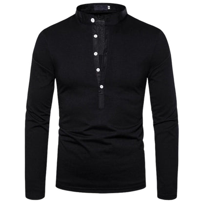 Schwarzes Herren-Langarmshirt mit Stehkragen und Knopfleiste, Baumwolle, elegant, modisch.