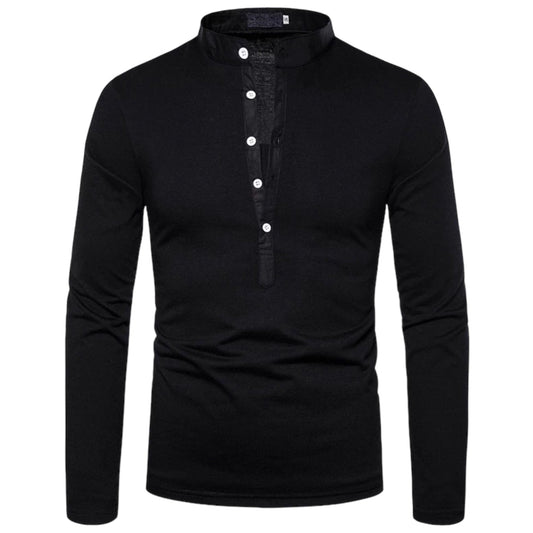 Schwarzes Herren-Langarmshirt mit Stehkragen und Knopfleiste, Baumwolle, elegant, modisch.