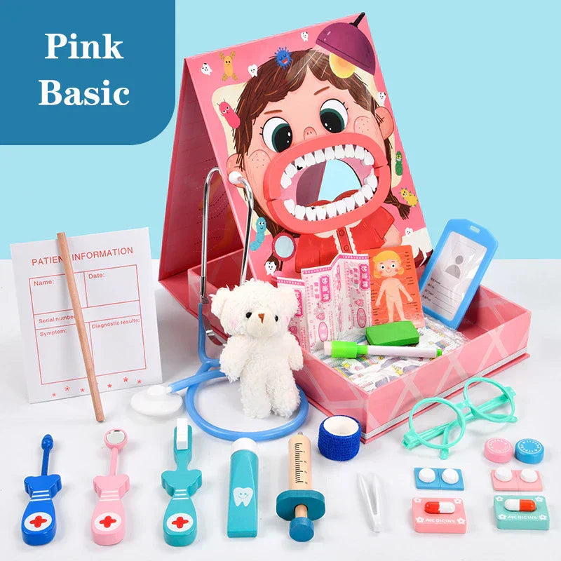 Rosa Arztkoffer Spielzeug-Set für Kinder, inklusive Stethoskop, Teddy, Zahnarztzubehör.