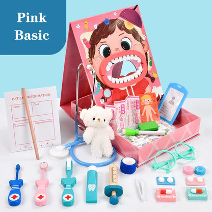 Rosa Arztkoffer Spielzeug-Set für Kinder, inklusive Stethoskop, Teddy, Zahnarztzubehör.