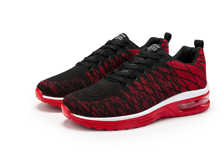 Schwarze und rote Sportschuhe, atmungsaktiv, mit Luftpolstersohle, ideal für Laufen.