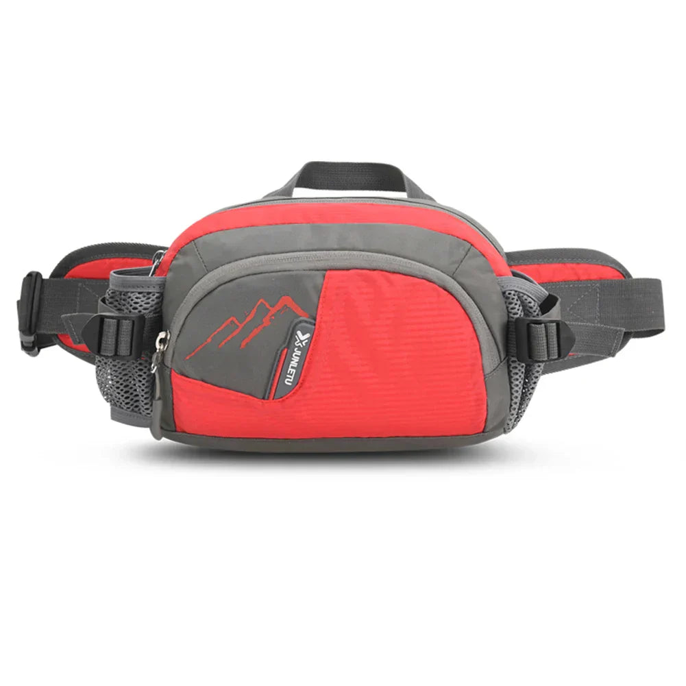 Rote und graue Bauchtasche, wasserdicht, mit Reißverschluss, ideal für Outdoor-Aktivitäten.
