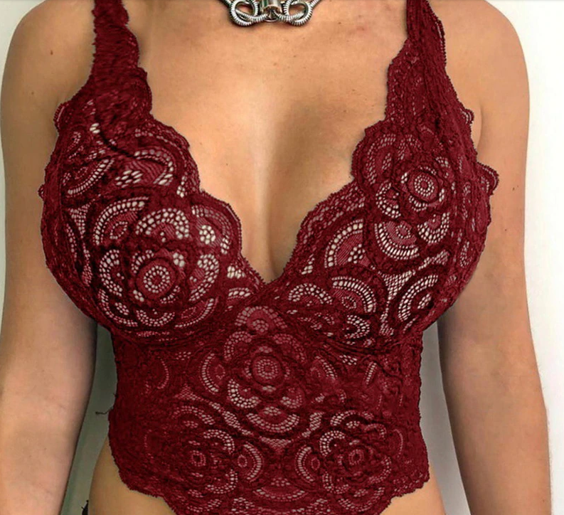 Rote Spitzen-Bralette für Damen, florales Design, ärmellos, sexy Unterwäsche, elegant.