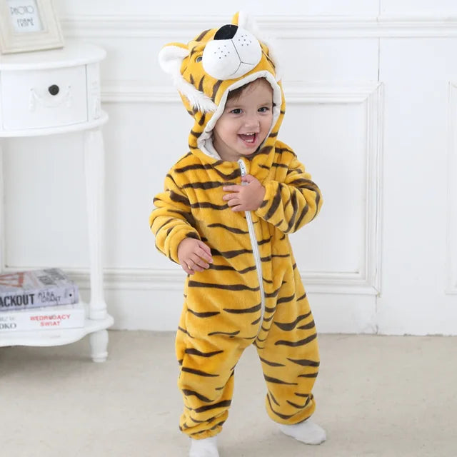 Kleinkind im gelben Tiger-Kostüm, Plüsch, Kapuze, Reißverschluss, Tieranzug für Kinder.