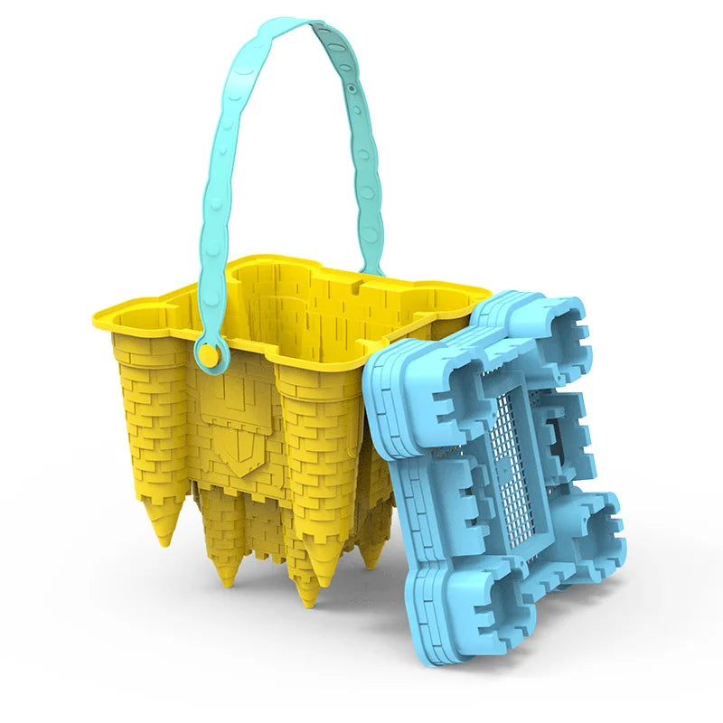 Gelber Sandspielzeug-Eimer mit blauem Deckel, Kunststoff, Strandspielzeug für Kinder.
