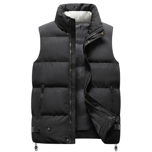 Schwarze Herren-Daunenweste, ärmellos, Reißverschluss, warm, modisch, Winterbekleidung.