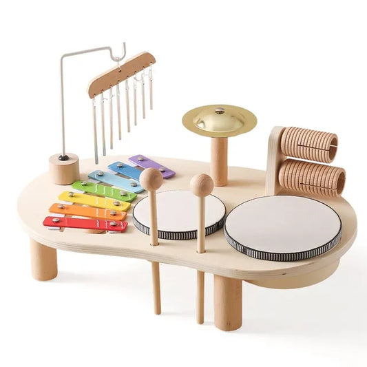 Holz-Musikinstrument-Set für Kinder, Xylophon, Trommeln, Glockenspiel, bunte Klangstäbe.