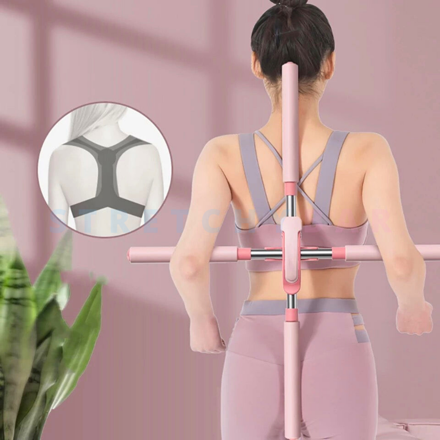 Frau in rosa Sport-BH mit Haltungskorrektor, Rückansicht, Fitness, Haltungstraining.