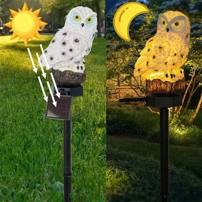 Delad bild där solljus laddar solpanelen på dagen och den vita ugglan lyser varmt på natten, med pilar och månsymbol. 6