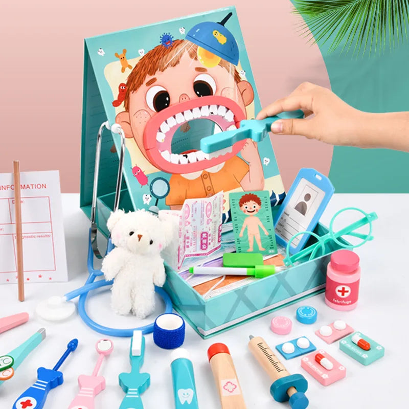 Zahnärztliches Spielzeug-Set für Kinder, bunt, mit Zubehör, pädagogisch, aus Kunststoff.