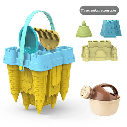 Sandspielzeug-Set mit Burgform, Eimer, Schaufel, Gießkanne, Zubehör, Kinder, Strand, Kunststoff.