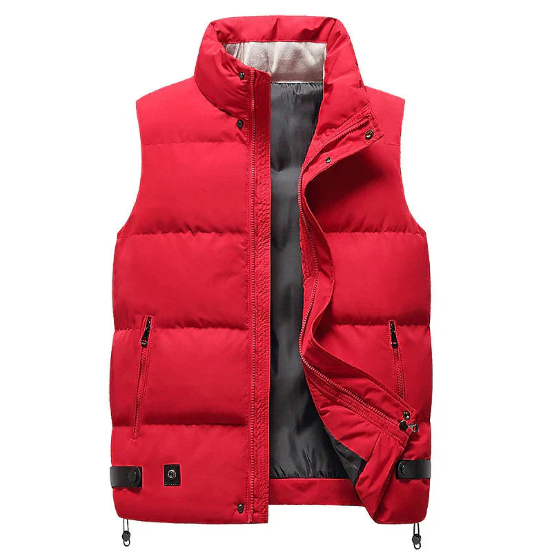 Rote Herren-Daunenweste, ärmellos, warm, mit Reißverschluss, modisch, Winterbekleidung.