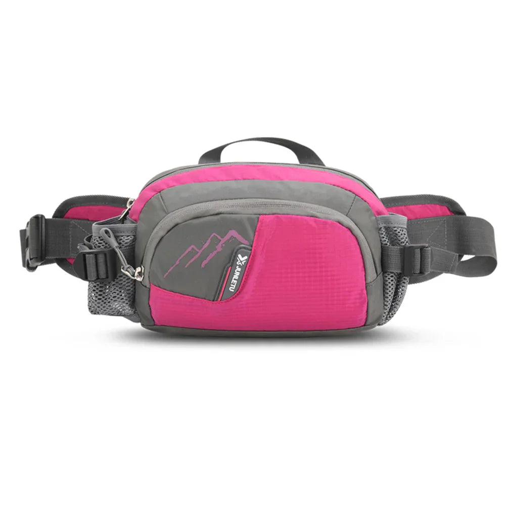Rosa und graue Gürteltasche, Nylon, Outdoor, verstellbar, mit Reißverschluss und Mesh-Taschen.