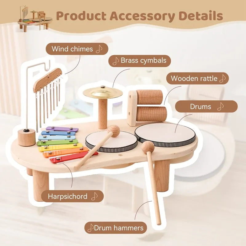 Holz-Musikinstrumente-Set für Kinder mit Xylophon, Trommeln, Windspiel, Rassel und Becken.