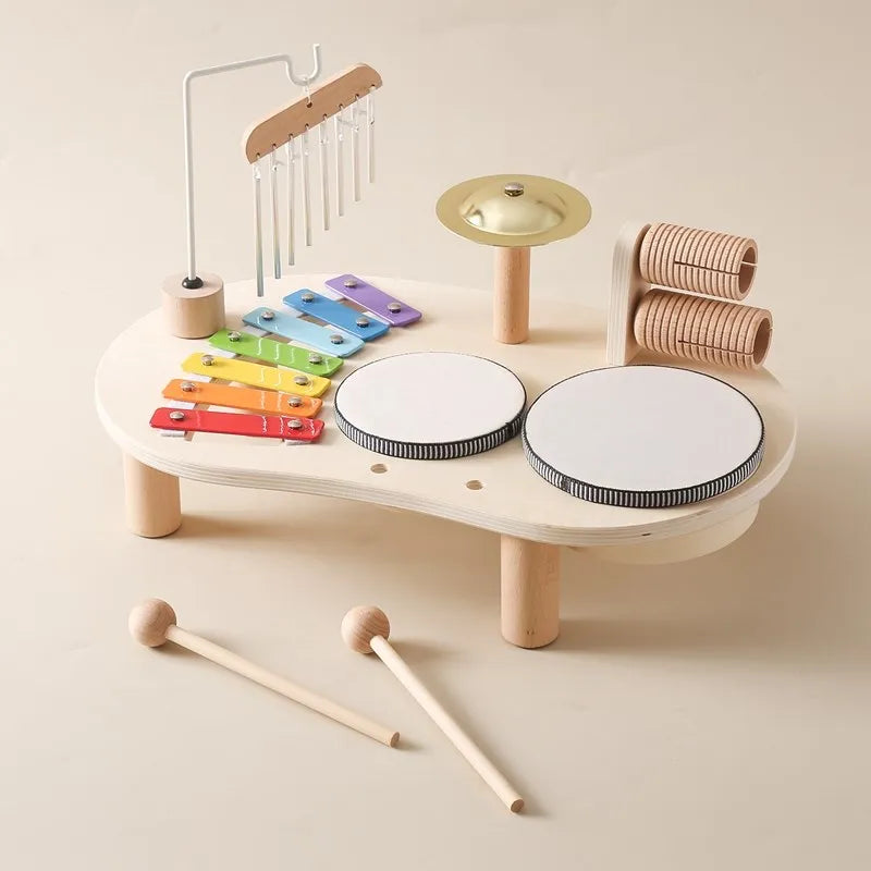 Holz-Musikinstrument-Set für Kinder, Xylophon, Trommeln, Glockenspiel, naturfarben