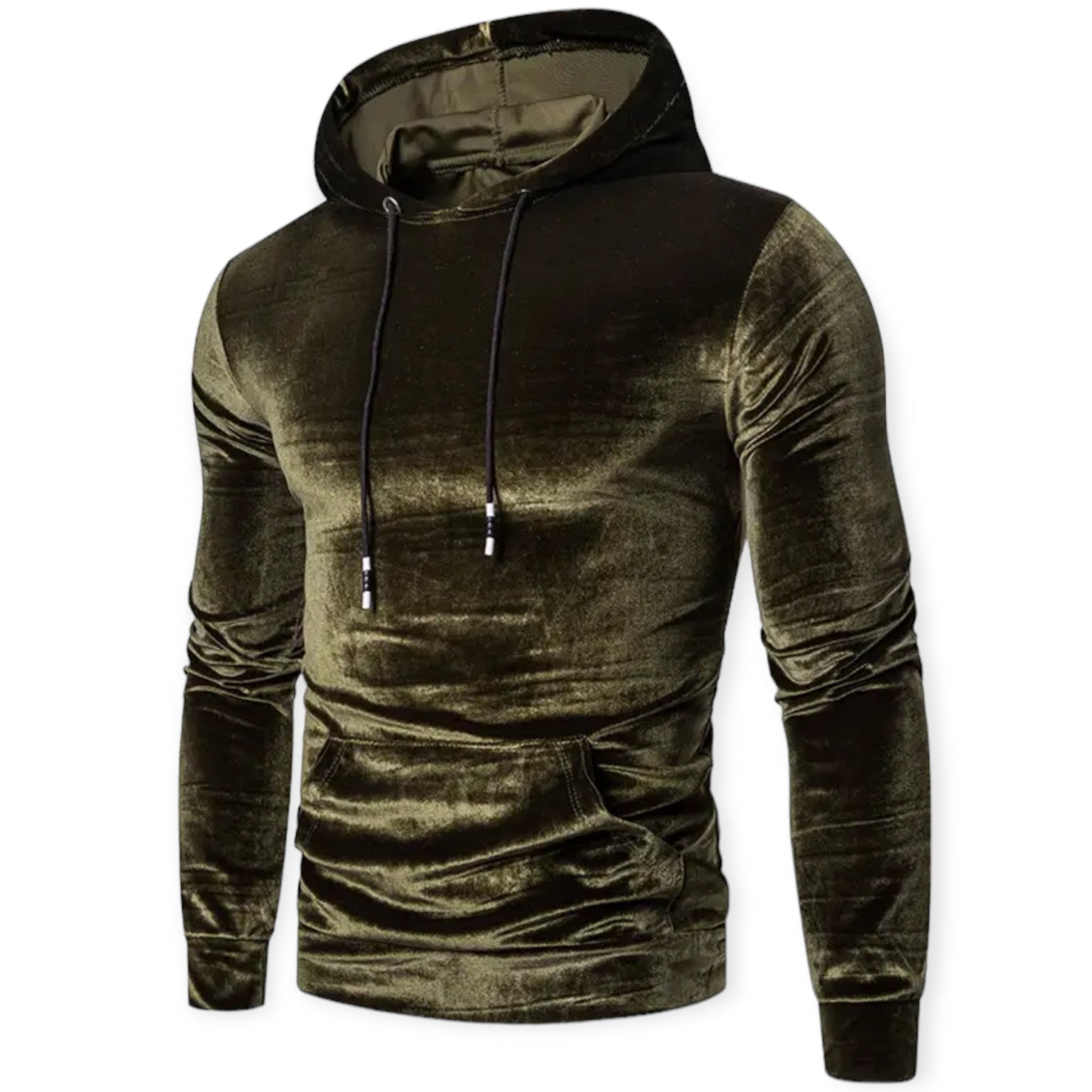 Dunkelgrüner Samt-Hoodie für Herren mit Kapuze und Kängurutasche, modisch und bequem.