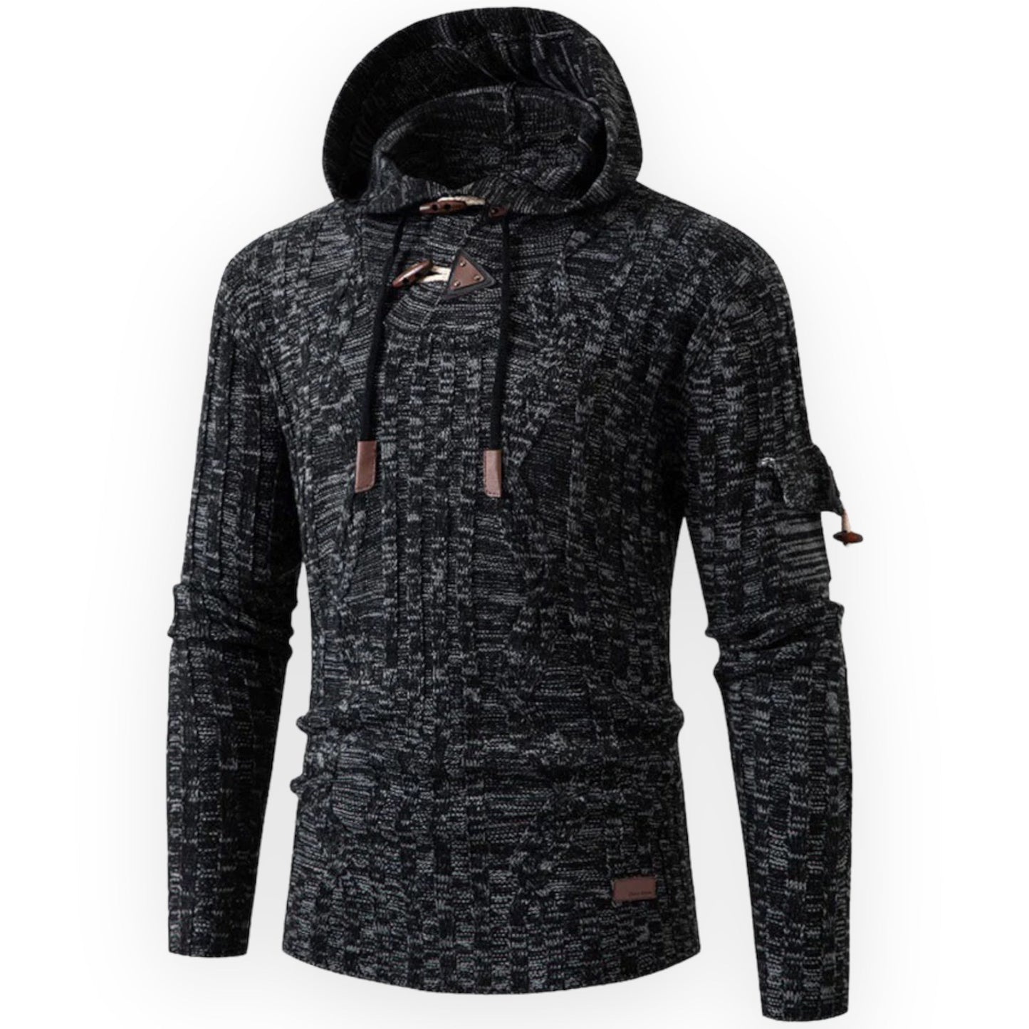 Schwarzer Herren-Hoodie mit Kapuze, Strickmuster, Kordelzug, Langarm, modisch, bequem.