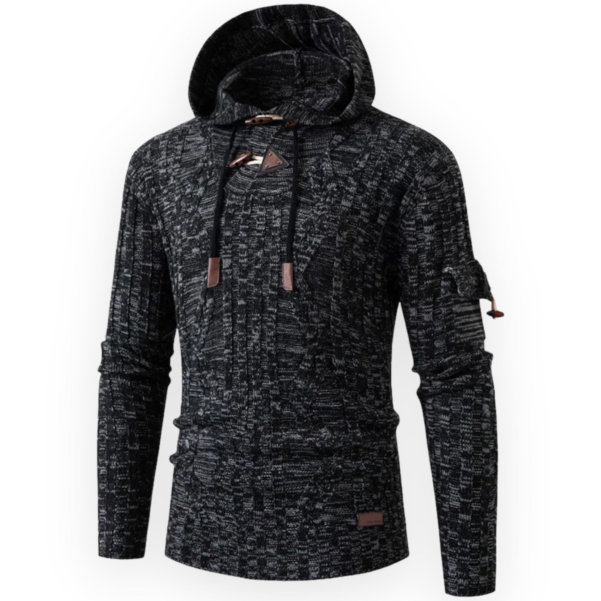 Schwarzer Herren-Hoodie mit Kapuze, Strickmuster, Kordelzug, Langarm, modisch, bequem.