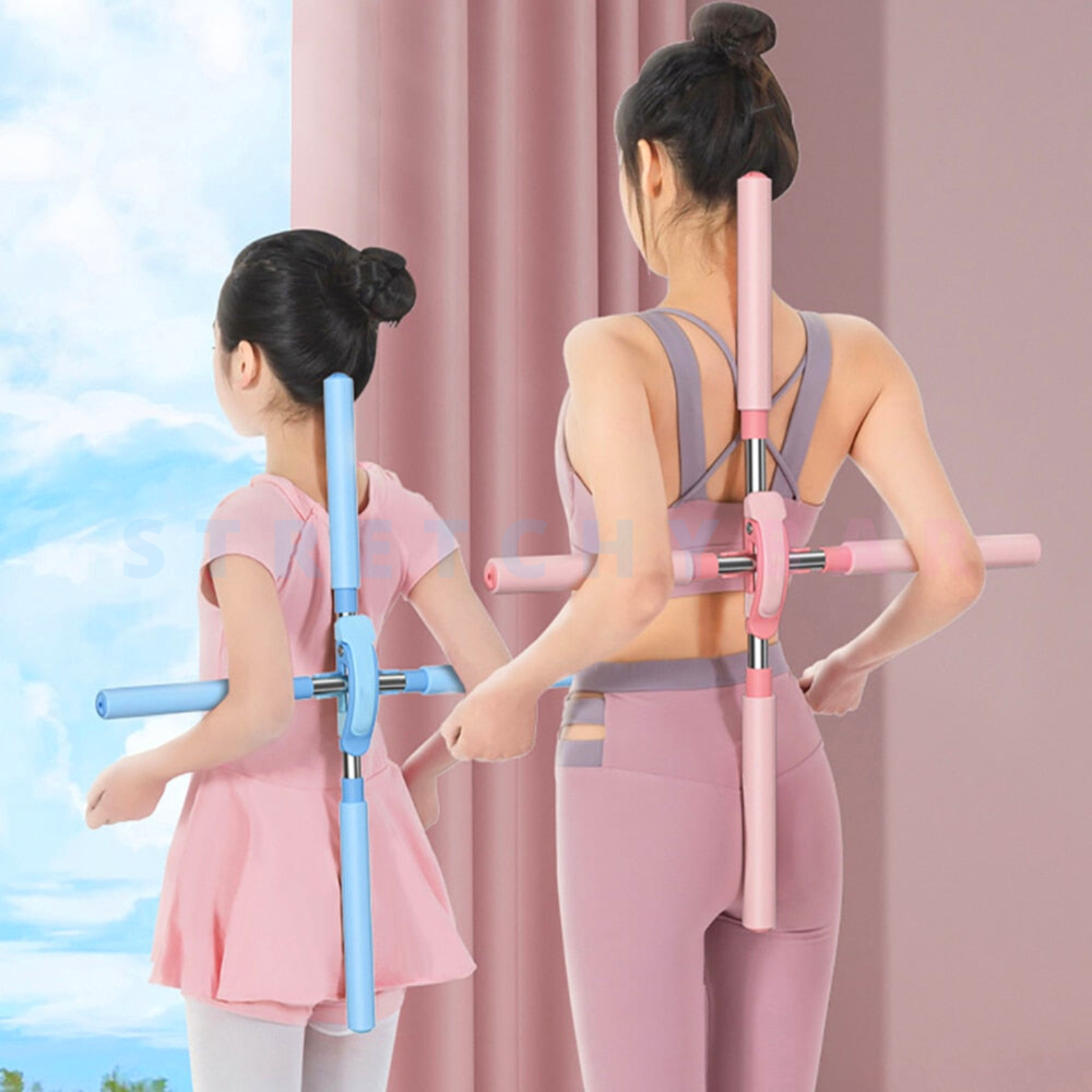 Zwei Personen mit rosa und blauem Pilates-Stick, Fitness, Heimtraining, Yoga-Übung.