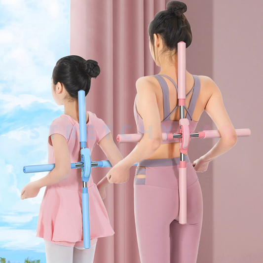Zwei Personen mit rosa und blauem Pilates-Stick, Fitness, Heimtraining, Yoga-Übung.