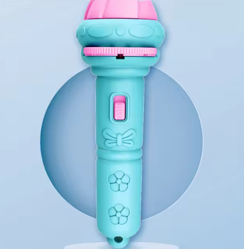 Blaues und rosa Spielzeug-Mikrofon für Kinder, Kunststoff, mit Schalter und Blumenmuster.