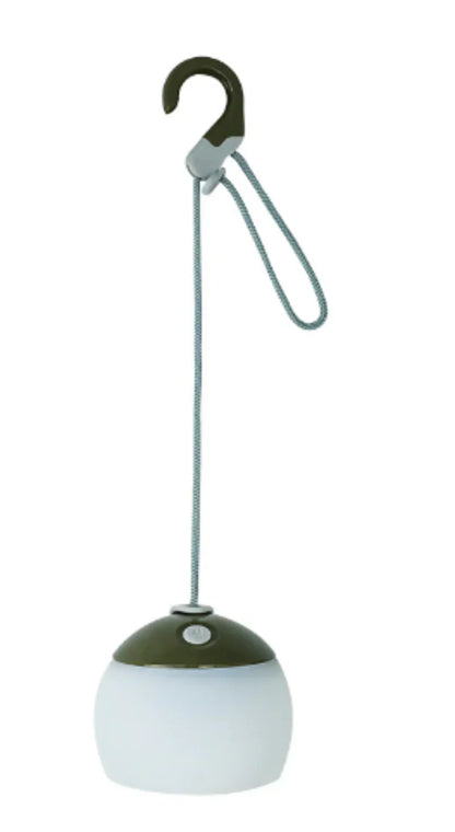 Tragbare LED-Campinglampe mit Haken, grün-weiß, batteriebetrieben, ideal für Outdoor-Aktivitäten.