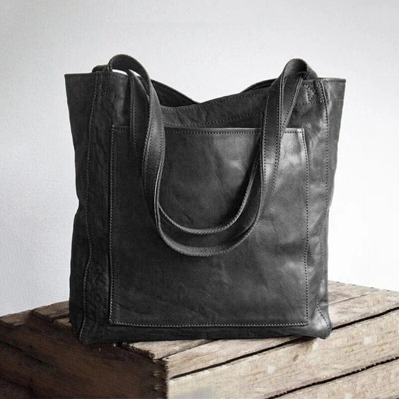 Schwarze Ledertasche, langlebig, modisch, Tragetasche, hochwertig, robust, elegant, zeitlos.