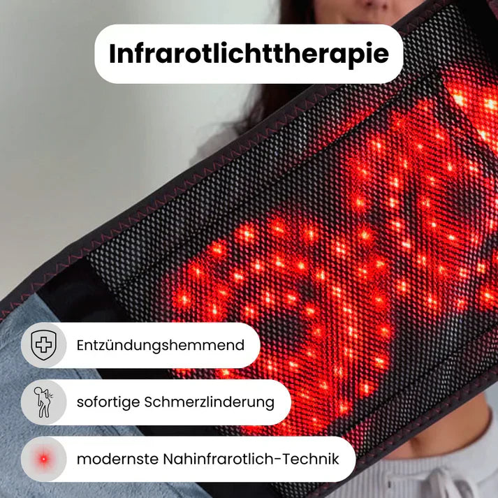 Infrarotlichttherapiegerät mit rot leuchtenden LEDs zur Schmerzlinderung und Entzündungshemmung.