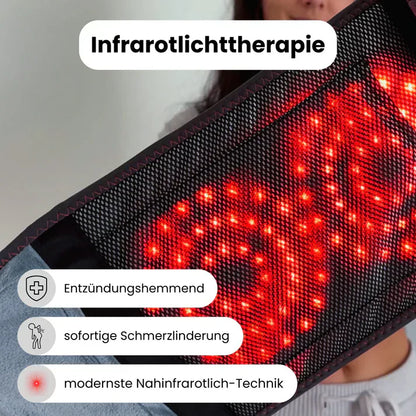 Infrarotlichttherapiegerät mit rot leuchtenden LEDs zur Schmerzlinderung und Entzündungshemmung.
