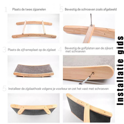 Installationsanleitung für Holzregal mit grauem Stoffbezug, Schritt-für-Schritt-Anleitung.