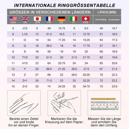 Internationale Ringgrößentabelle mit Länderflaggen und Messanleitung für Ringgrößen in mm.