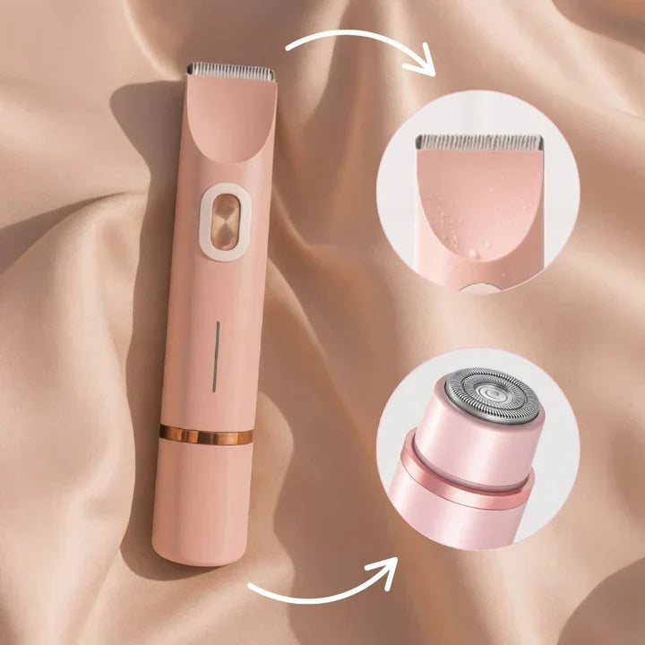 Rosa trimmer på beige tyg med två förstorade cirklar: ett trimmerhuvud med vattendroppar och ett utbytbart runt rakhuvud. 3