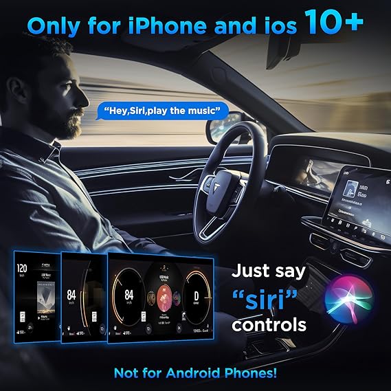Mann im Auto mit iPhone, Siri-Steuerung, kompatibel mit iOS 10+, nicht für Android.