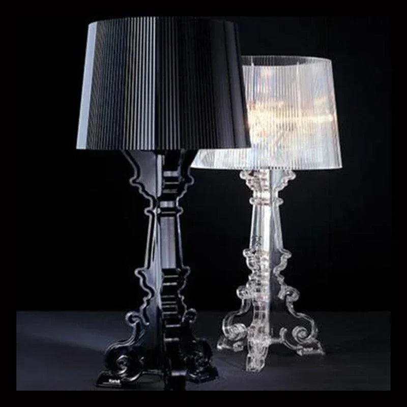 Schwarze und transparente Acryl-Tischlampen, modernes Design, ideal für Wohnzimmer und Schlafzimmer.