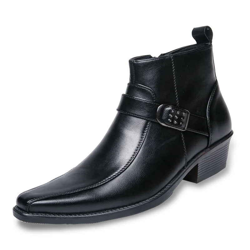 Schwarze Herrenstiefelette, Leder, modisch, mit Schnalle, ideal für Herbst und Motorradfahren.
